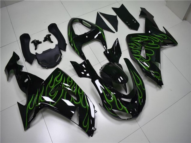 Carénage Kawasaki ZX10R 2006-2007 - Noir Vert Flamme